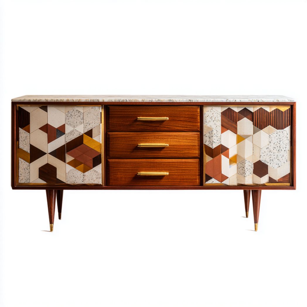 Enfilade en bois, portes à motifs géométriques, trois tiroirs, plateau en marbre