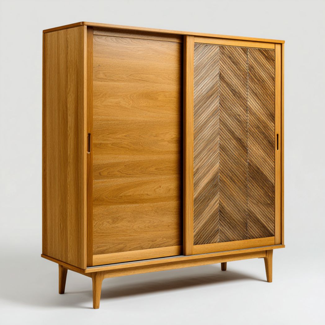 Armoire en bois à deux portes coulissantes avec motif chevron