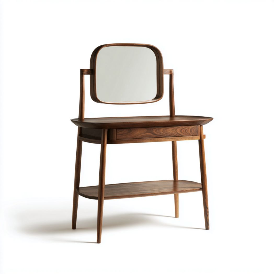 Coiffeuse en bois massif avec miroir carré, un tiroir et tablette inférieure