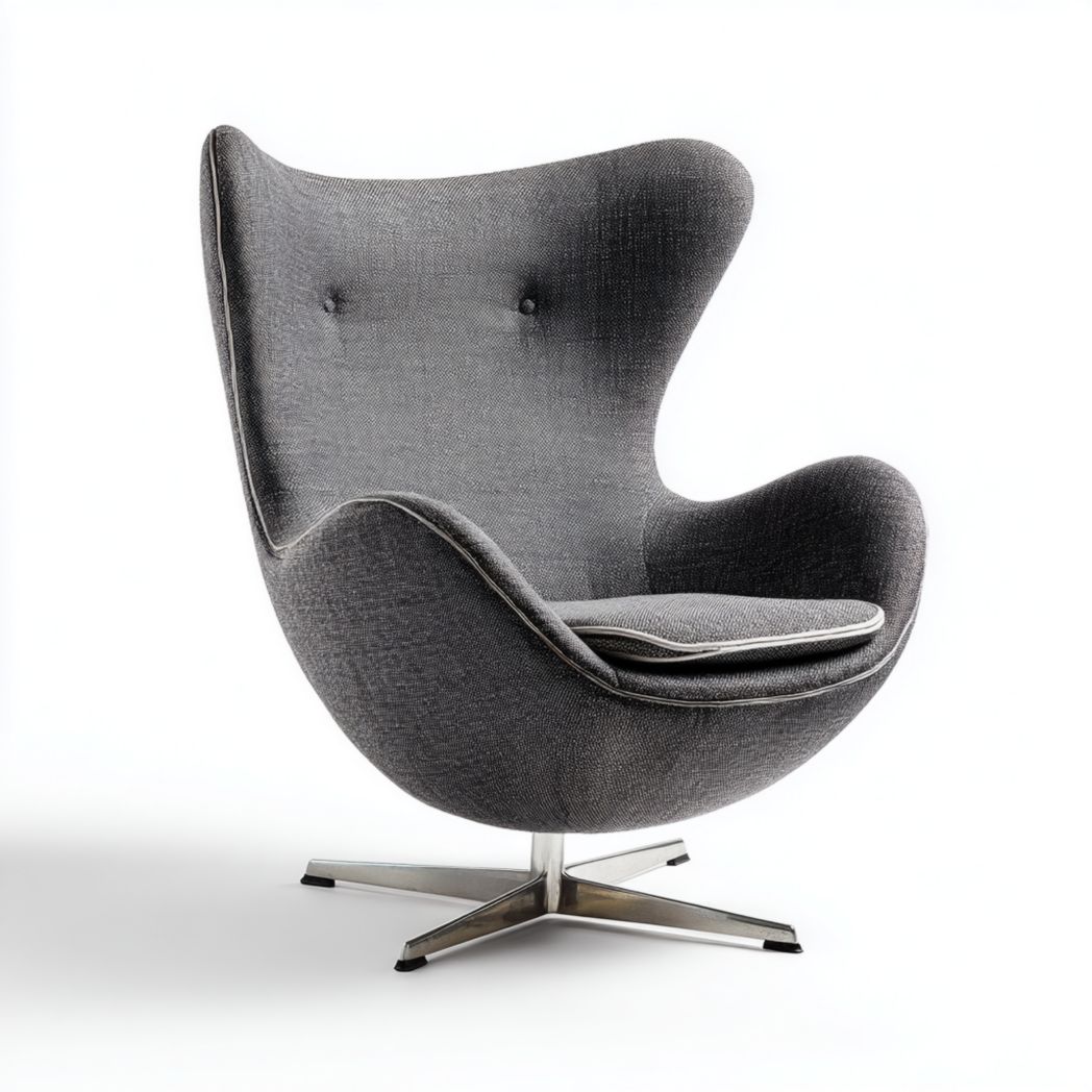 Fauteuil de bureau en tissu gris, dossier ovoïde et base pivotante en métal