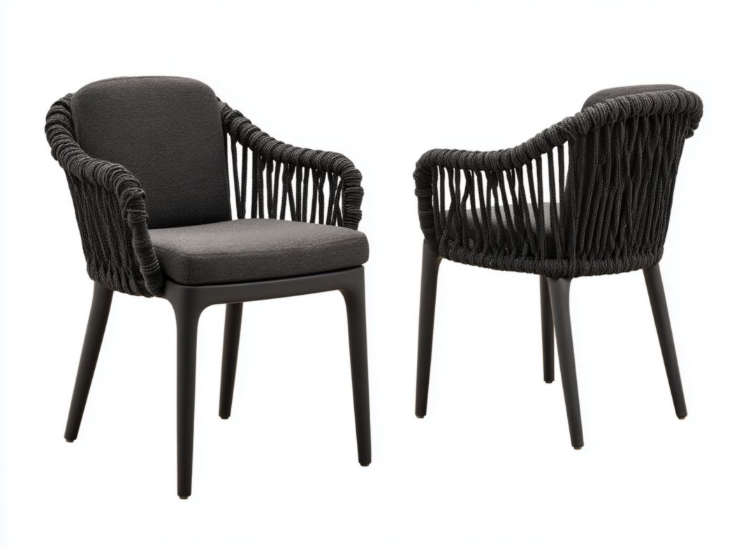 Lot de 2 chaises de jardin en métal et cordage noir avec coussins d’assise et dossier