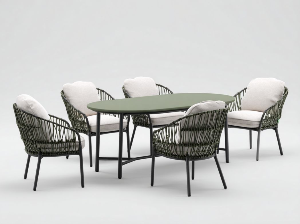 Ensemble table et chaises de jardin ovales en métal vert, une table et cinq chaises
