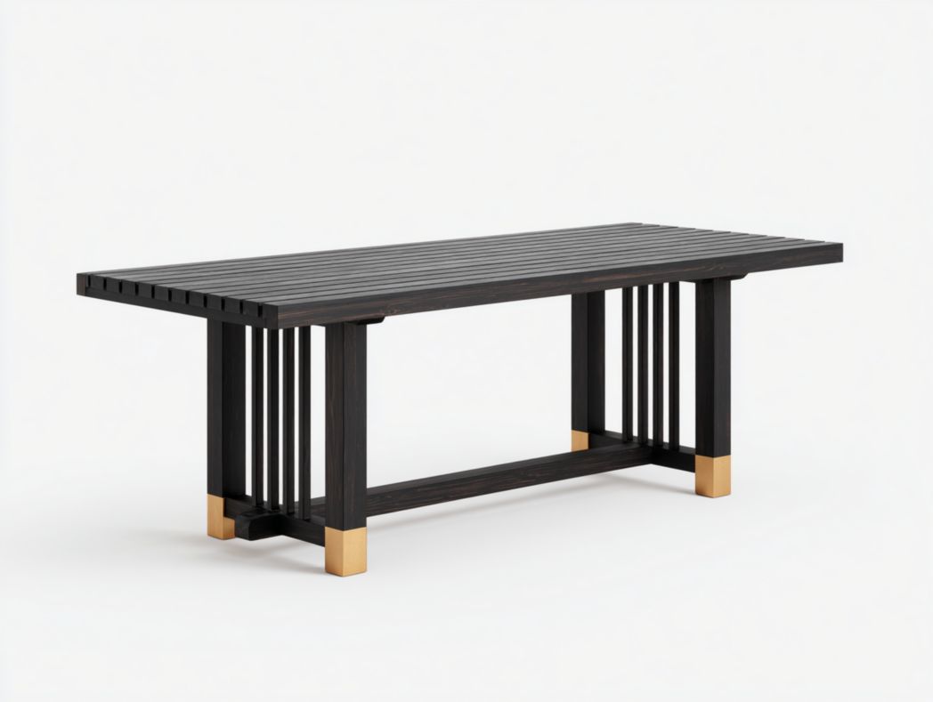 Table de jardin rectangulaire bois noir avec plateau à lattes et pieds ornés de détails dorés