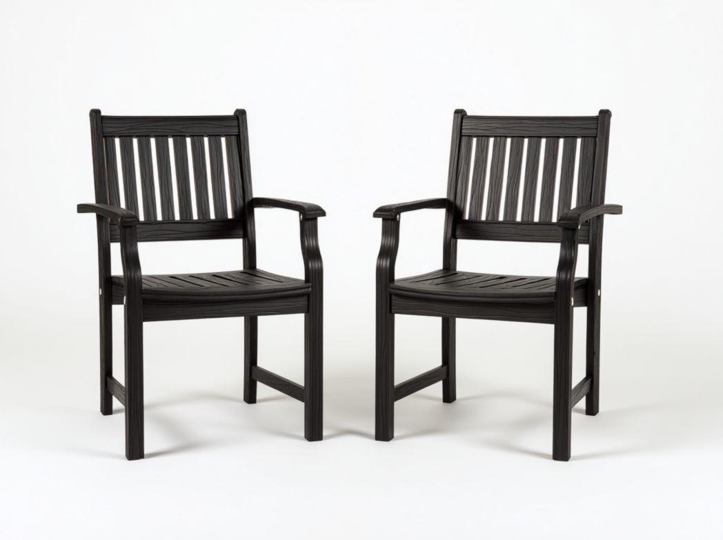 Lot de 2 chaises de jardin noires à lattes verticales, dossier droit avec accoudoirs