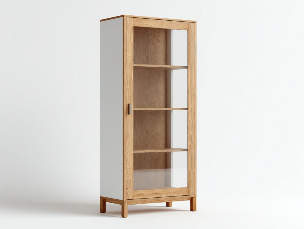 Vitrine en bois et verre avec une porte et quatre niveaux de rangement