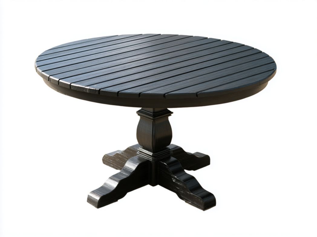 Table de jardin ronde en bois noir avec plateau à lattes et piètement central