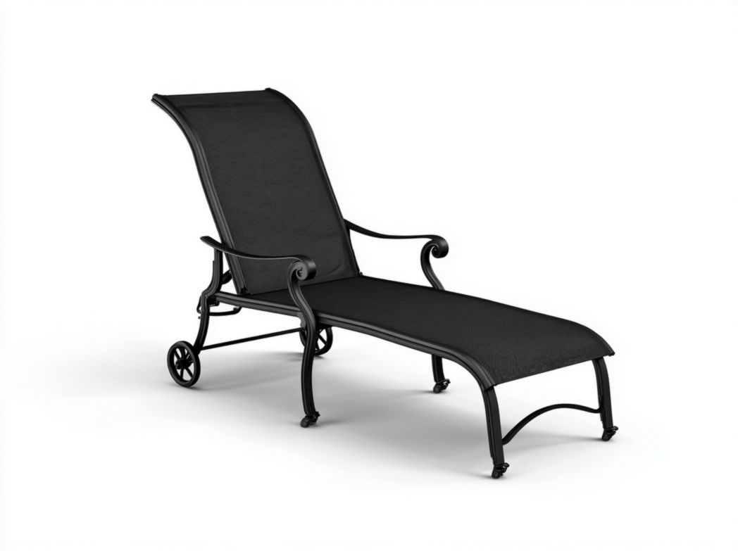Chaise longue en métal noir avec toile respirante et roulettes