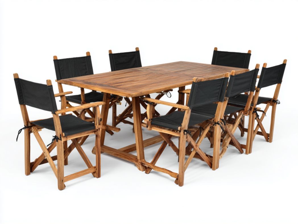 Ensemble table et chaises de jardin rectangulaires en bois et chaise pliante en tissu noir, une table et sept chaises