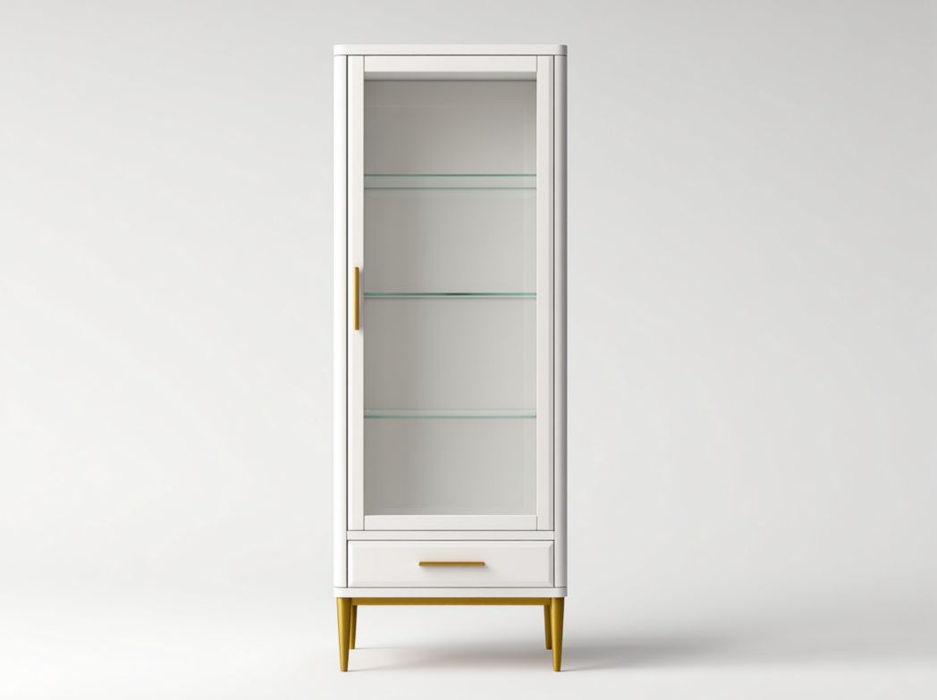 Vitrine en verre blanche à une porte avec quatre niveaux de rangement et tiroirs et pieds en métal