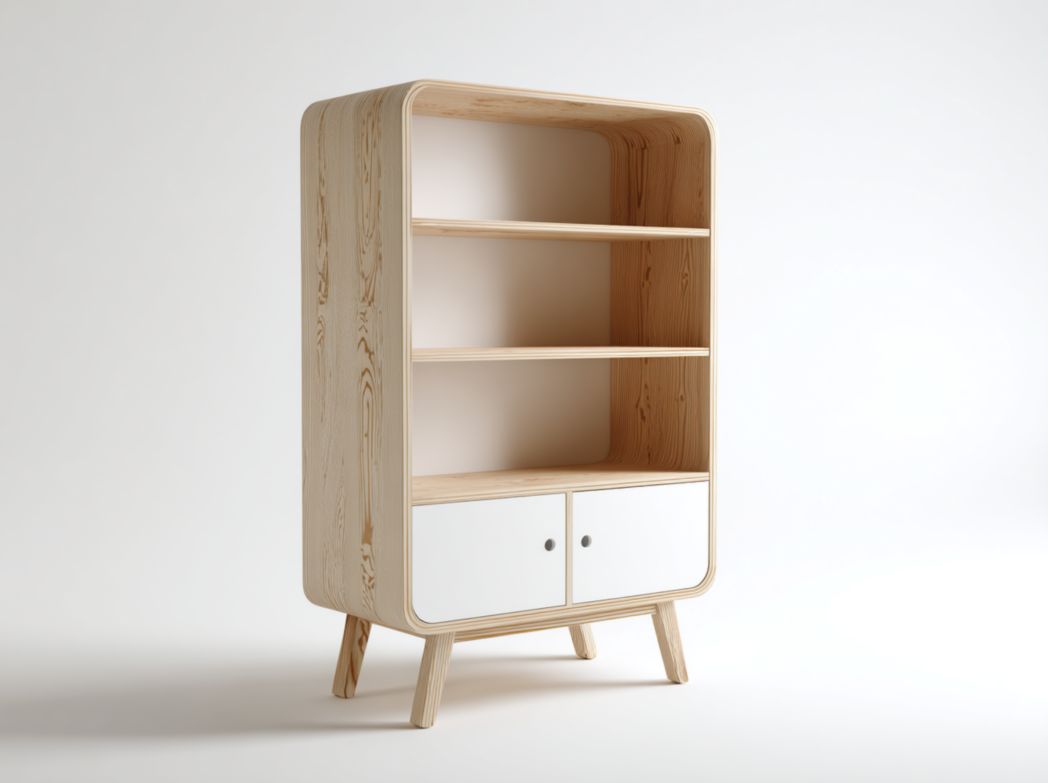 Bibliothèque rectangulaire à coins arrondis en bois avec trois étagères ouvertes et armoire à deux portes