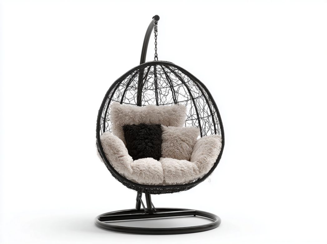 Fauteuil suspendu en métal noir avec assise ronde en rotin et coussins en tissu