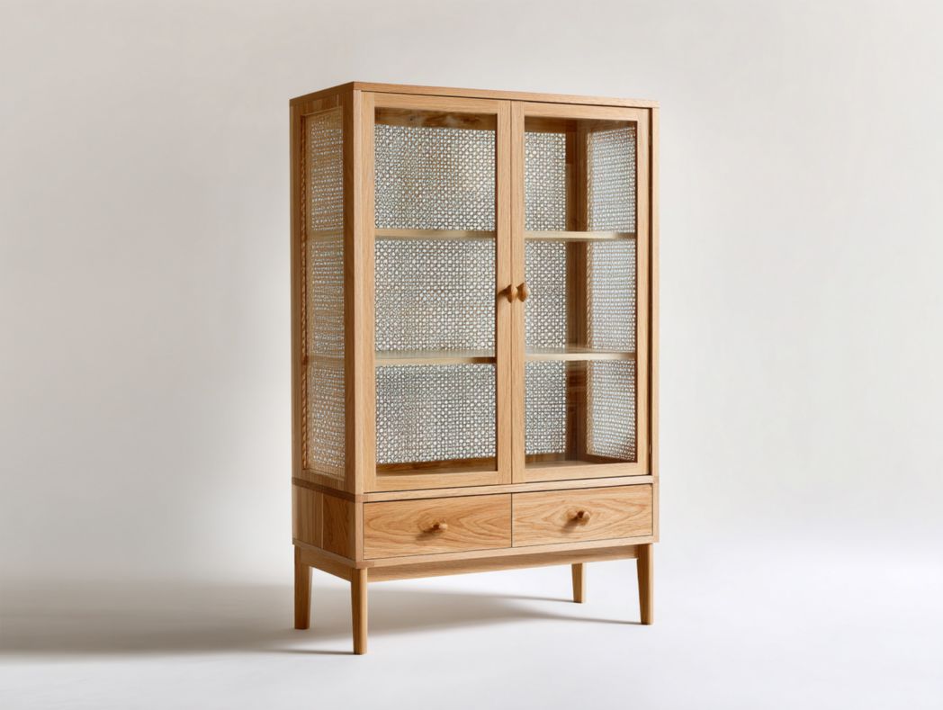 Vitrine en bois avec portes vitrées ajourées, deux tiroirs et trois niveaux