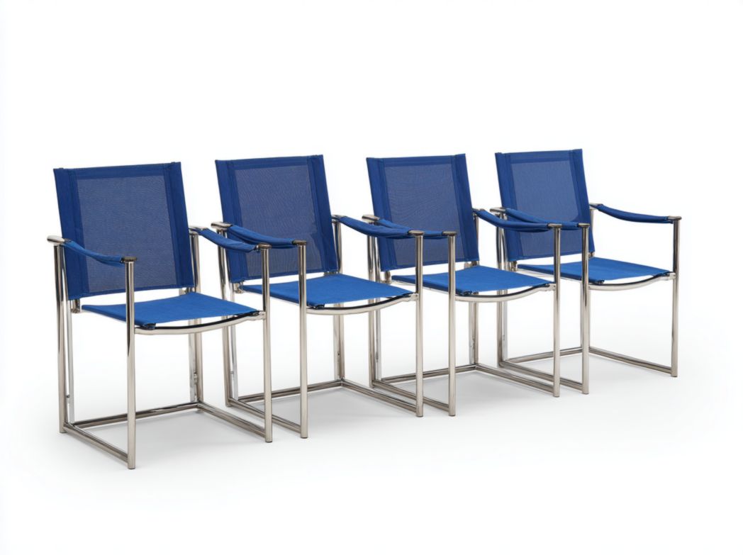 Lot de 4 fauteuils de jardin avec structure en acier inoxydable et assise en toile bleue, sans coussin