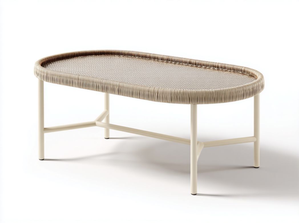 Table basse de jardin ovale en rotin tressé avec cadre métallique beige