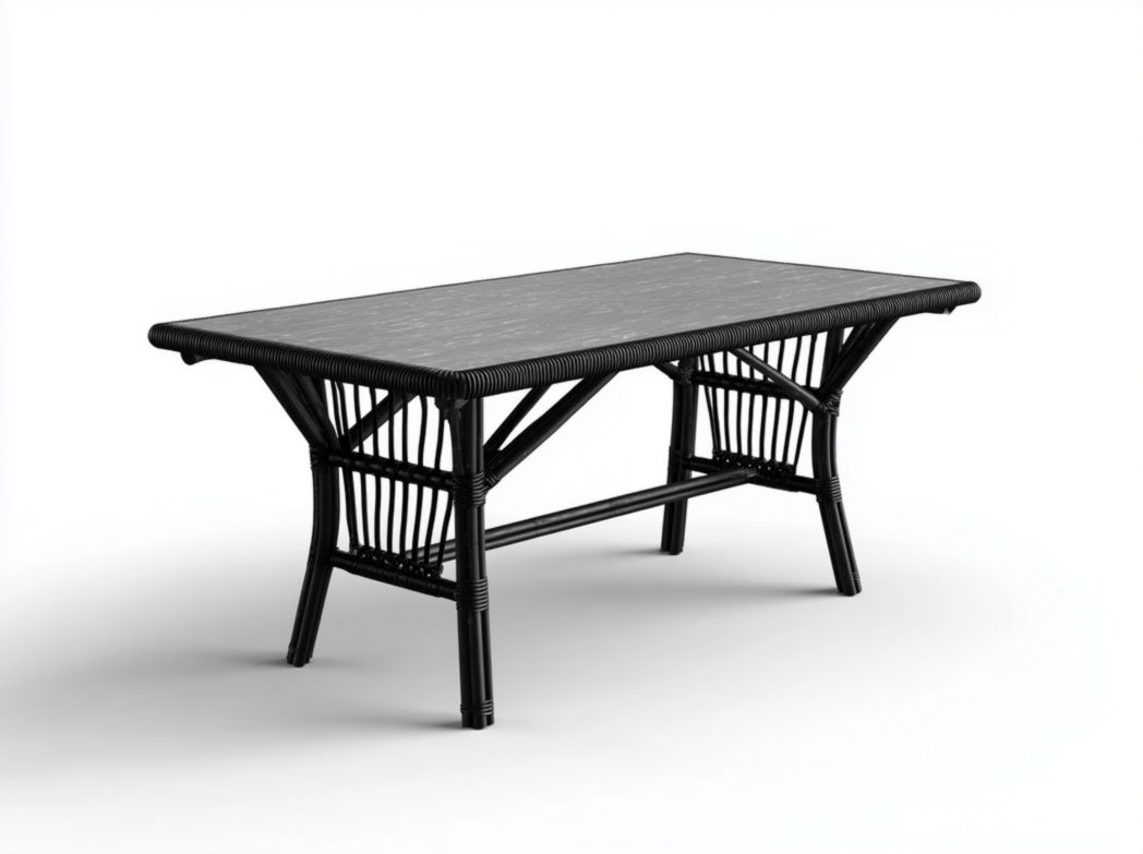 Table de jardin rectangulaire en rotin noir avec plateau en verre