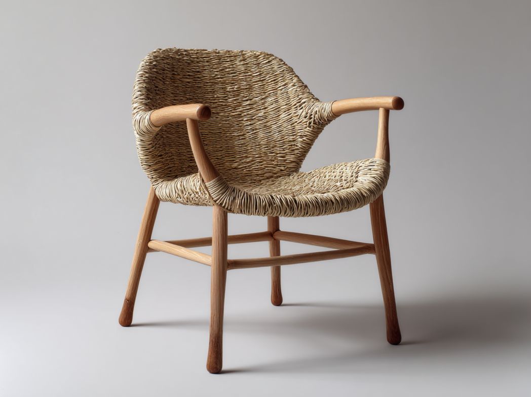 Fauteuil de jardin en rotin tressé clair avec structure en bois, sans coussin