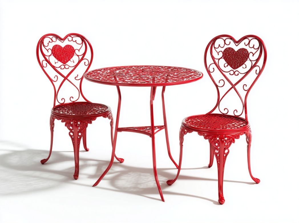Ensemble de jardin en métal rouge avec table ronde et deux chaises sculptées