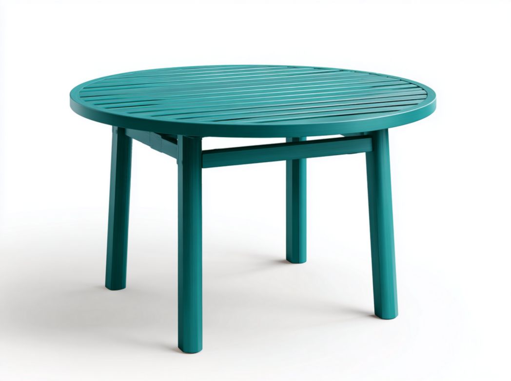 Table de jardin ronde en métal bleu-vert avec plateau à lattes et piètement à quatre pieds
