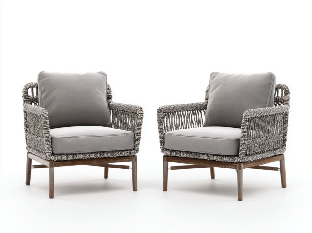 Lot de 2 fauteuils de jardin en corde grise avec base en bois et coussins gris