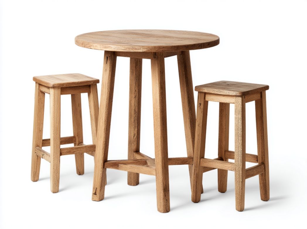 Ensemble bar de jardin en bois naturel, 1 table ronde et 2 tabourets hauts