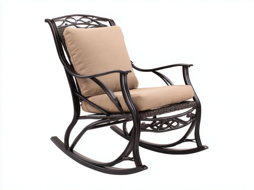 Fauteuil de jardin à bascule｜structure métal foncé｜coussin et assise bruns