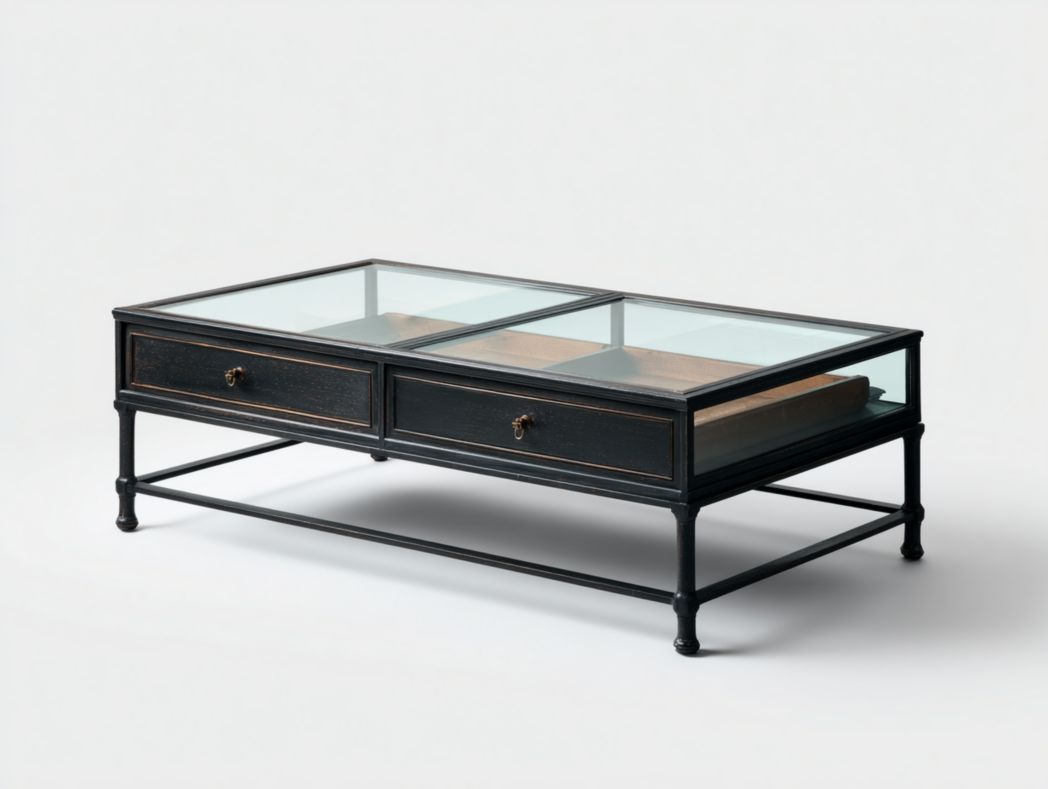 Table basse rectangulaire avec plateau en verre et structure métallique noire avec tiroirs
