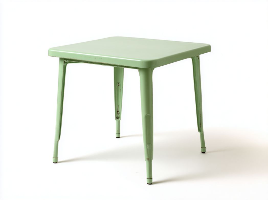 Table de jardin carrée en métal vert clair avec coins arrondis et pieds droits renforcés