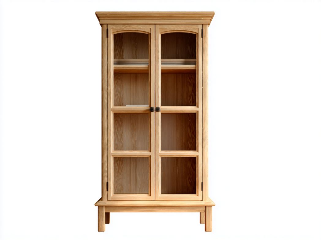 Bibliothèque en bois avec deux portes vitrées et étagères