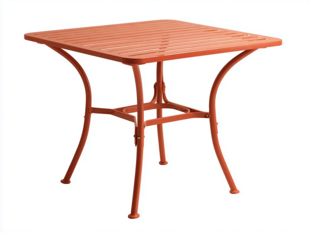 Table de jardin carrée en métal orange avec plateau à lattes et piètement courbé