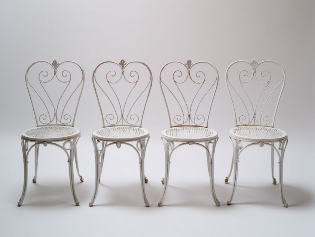 Lot de 4 chaises de jardin en métal blanc, dossier ajouré en forme de cœur et assise ronde