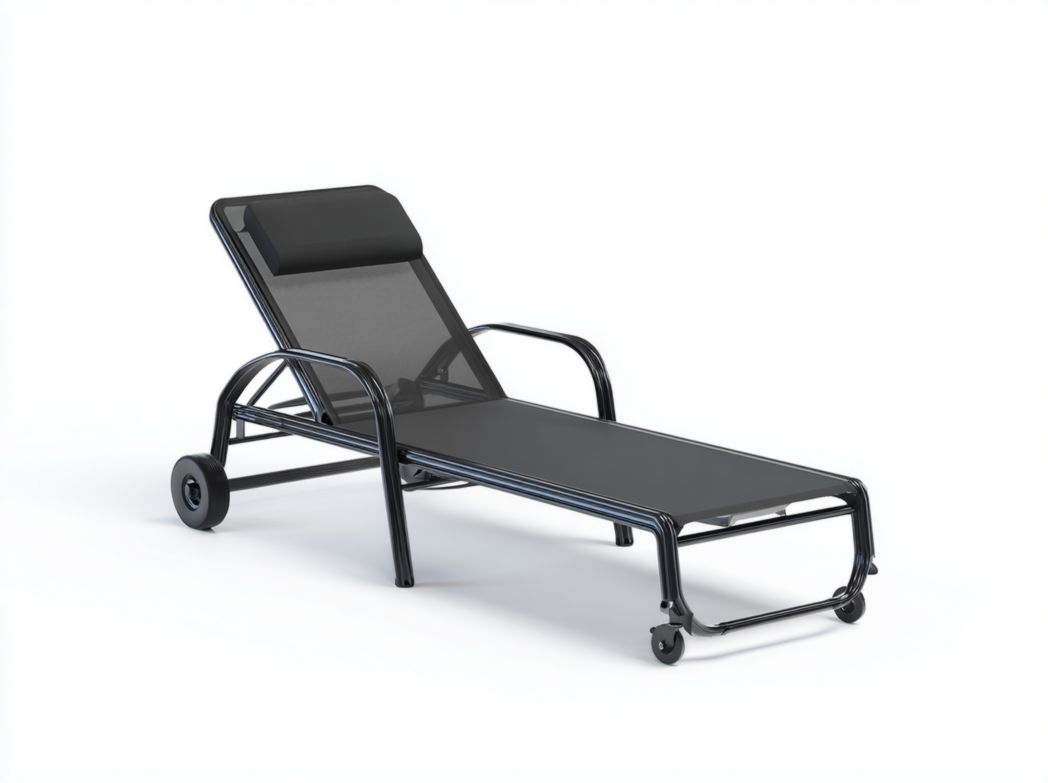 Chaise longue en maille avec cadre en métal noir et accoudoirs, appui-tête et roulettes