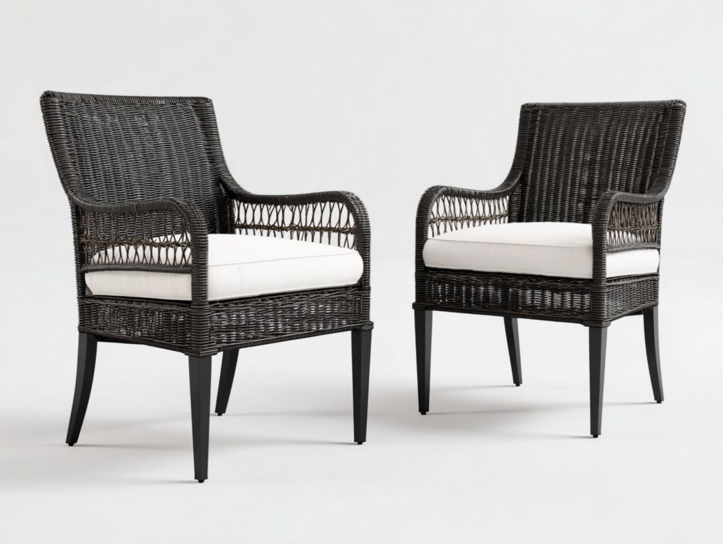 Lot de 2 fauteuils de jardin en résine tressée noire｜avec coussins d’assise blancs