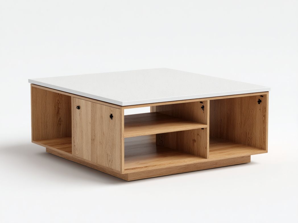 Table basse carrée avec plateau blanc et structure en bois compartimentée