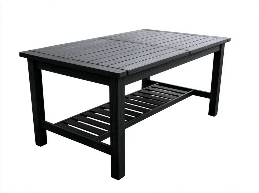 Table de jardin rectangulaire bois noir avec plateau à lattes et étagère inférieure