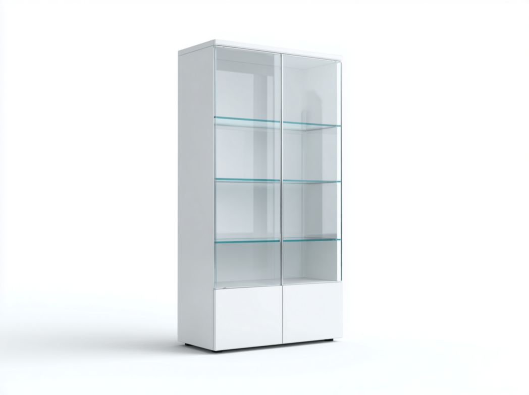 Bibliothèque blanche en bois avec portes vitrées et armoire inférieure à deux portes