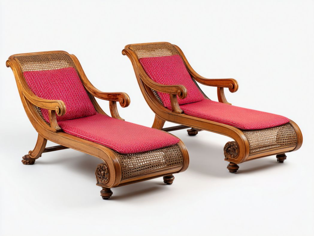 Lot de 2 chaises longues en bois sculpté et rotin avec coussins rouges