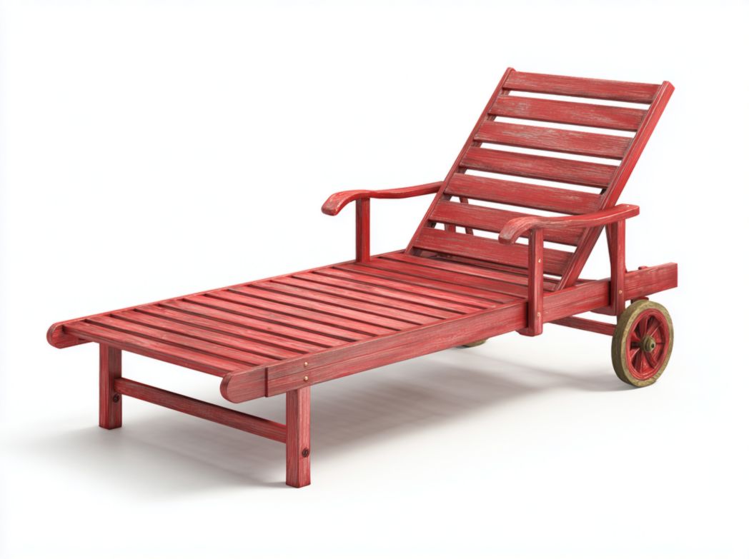 Chaise longue en bois rouge avec accoudoirs et roulettes, sans coussin