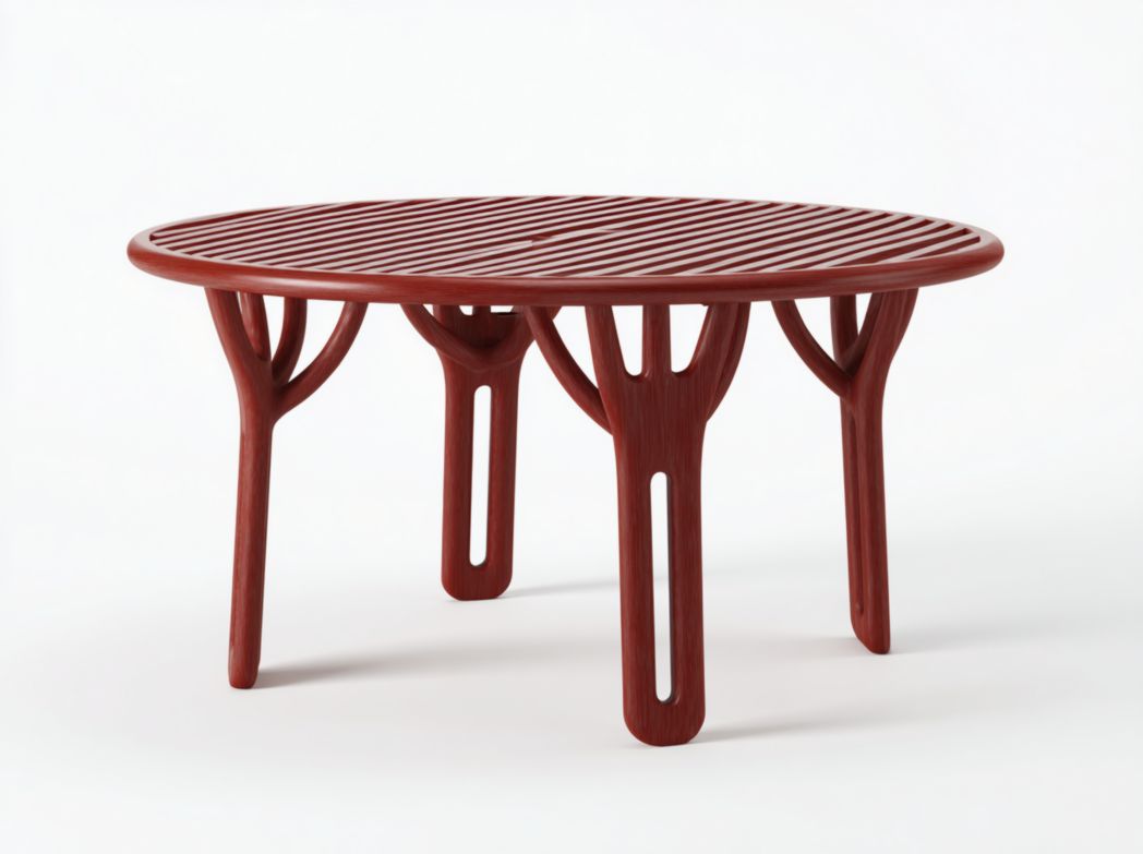 Table de jardin ronde, plastique rouge, plateau creux, quatre pieds