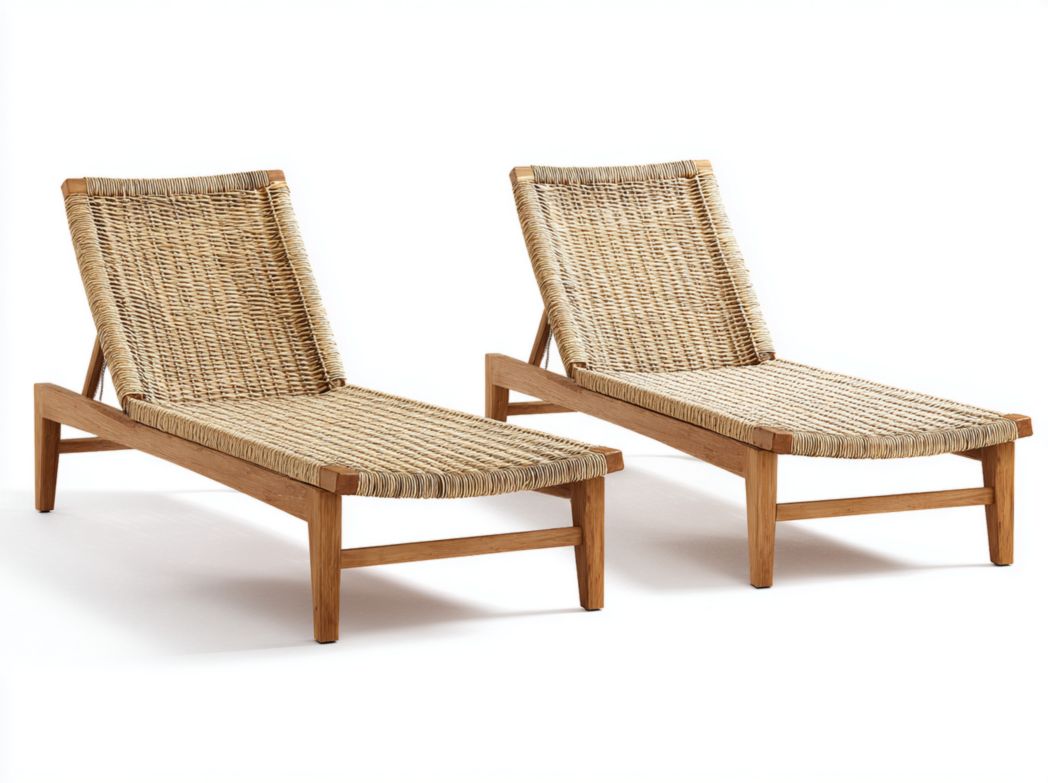Lot de 2 chaises longues en bois clair avec surface en rotin, sans coussins