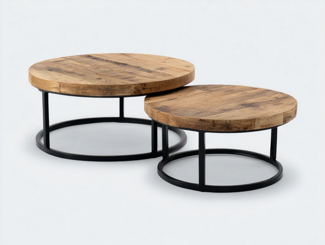 Table basse ronde ensemble de deux avec plateaux en bois et structure métallique noire