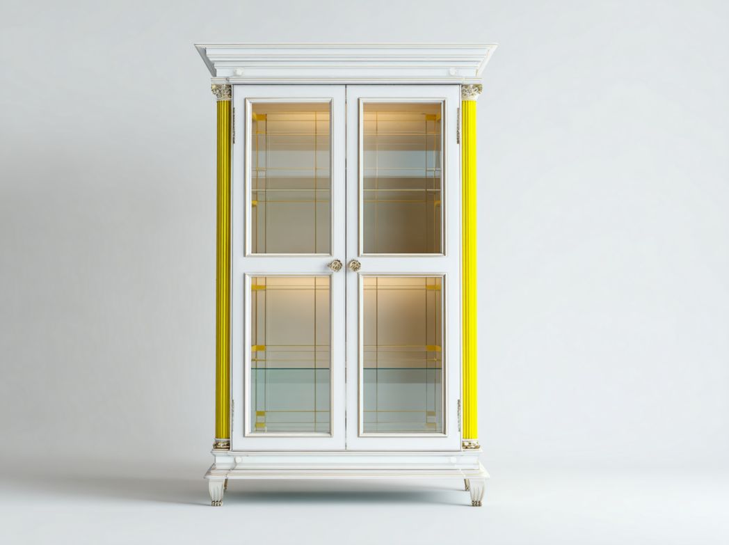 Vitrine en bois blanc avec double porte vitrée et colonnes jaunes décoratives