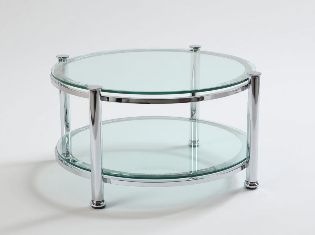 Table basse ronde à deux niveaux avec plateaux en verre transparent et structure métallique