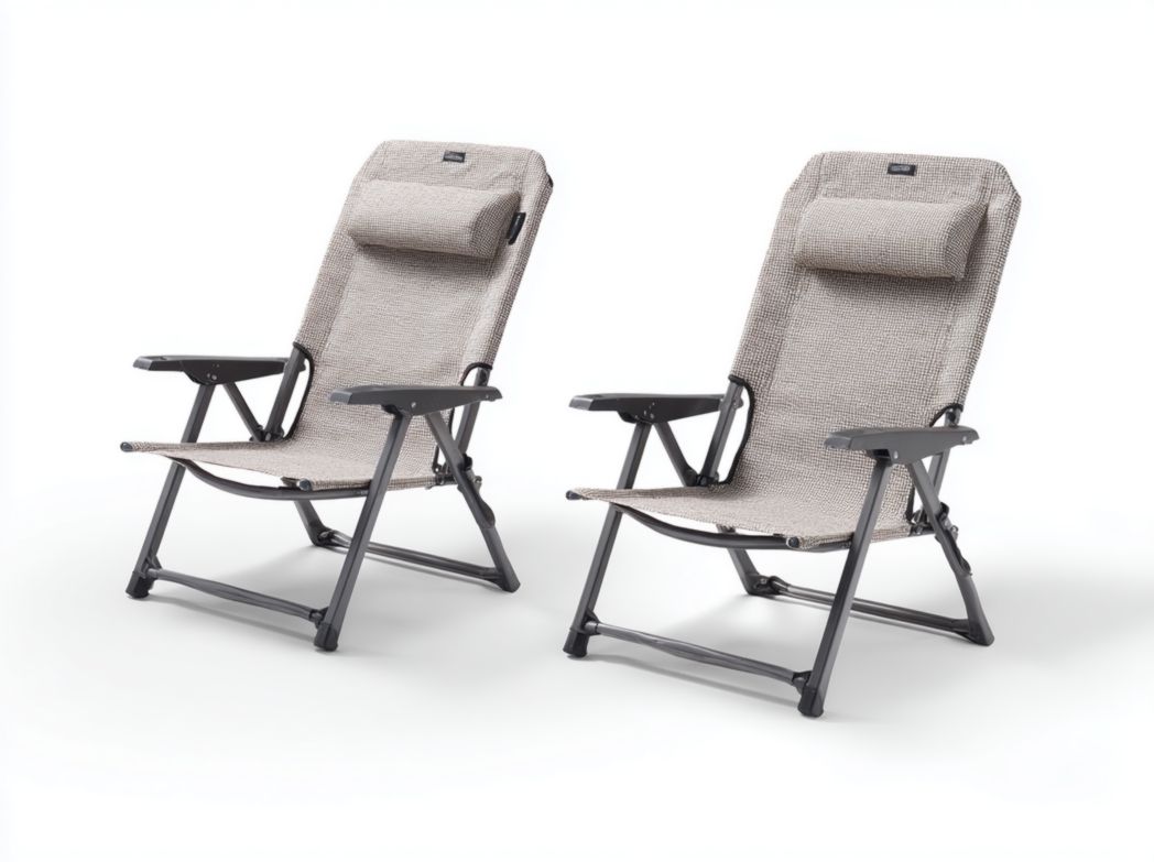 Chaise longue pliante en deux parties avec structure en métal et filet gris et appui-tête