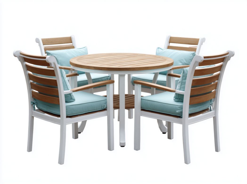 Ensemble de jardin avec table ronde en bois et quatre chaises blanches avec coussins bleus