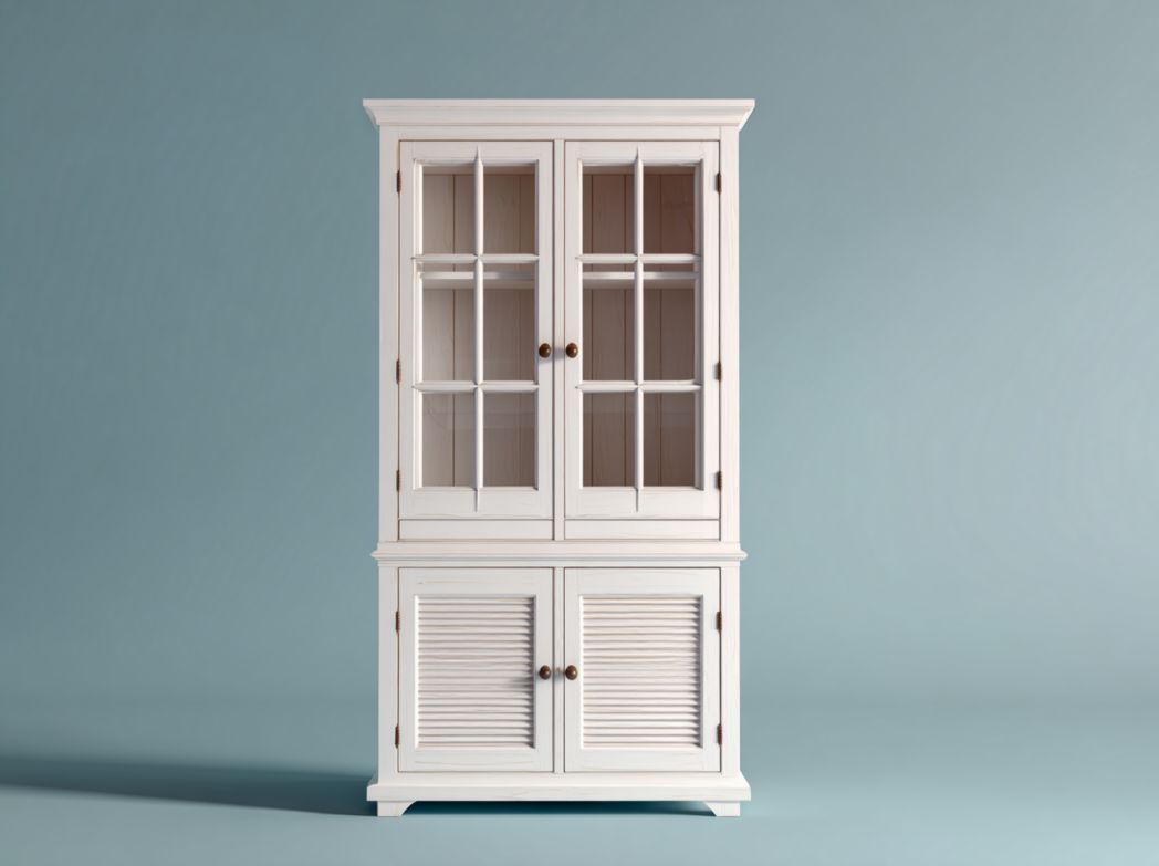 Vitrine blanche à double niveau avec doubles portes vitrées et portes en bois à persiennes