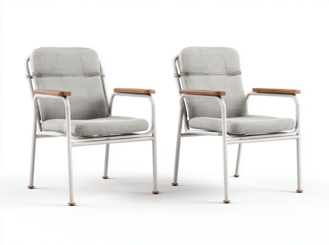 Lot de 2 chaises de jardin en métal blanc avec accoudoirs en bois et coussins gris