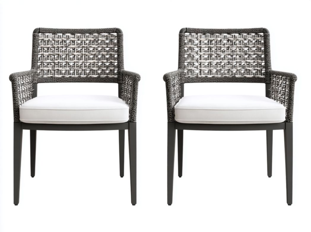Lot de 2 chaises de jardin en métal et tressage noir-gris avec coussins d’assise blancs et accoudoirs