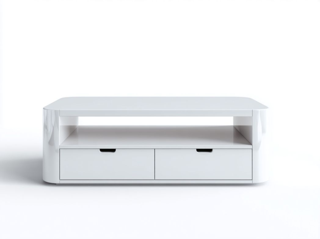 Table basse rectangulaire avec plateau blanc et structure à coins arrondis avec tiroirs