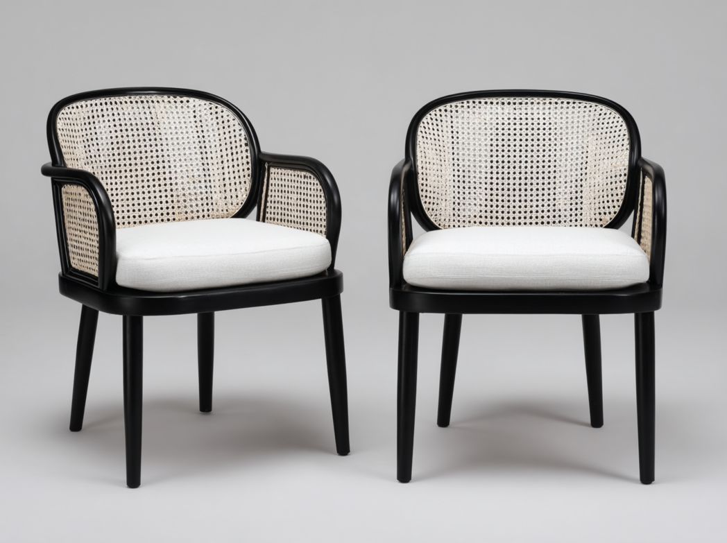 Lot de 2 fauteuils de jardin en bois noir avec dossier en rotin blanc et coussins d’assise blancs