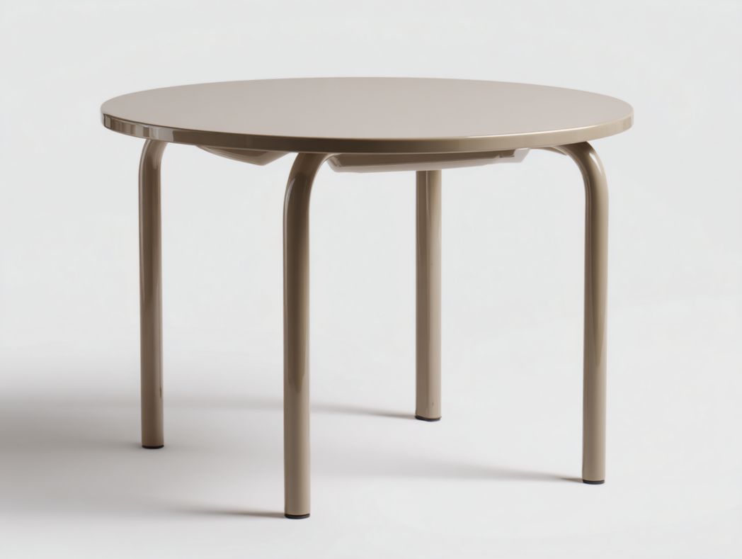 Table basse de jardin ronde en métal beige avec quatre pieds tubulaires